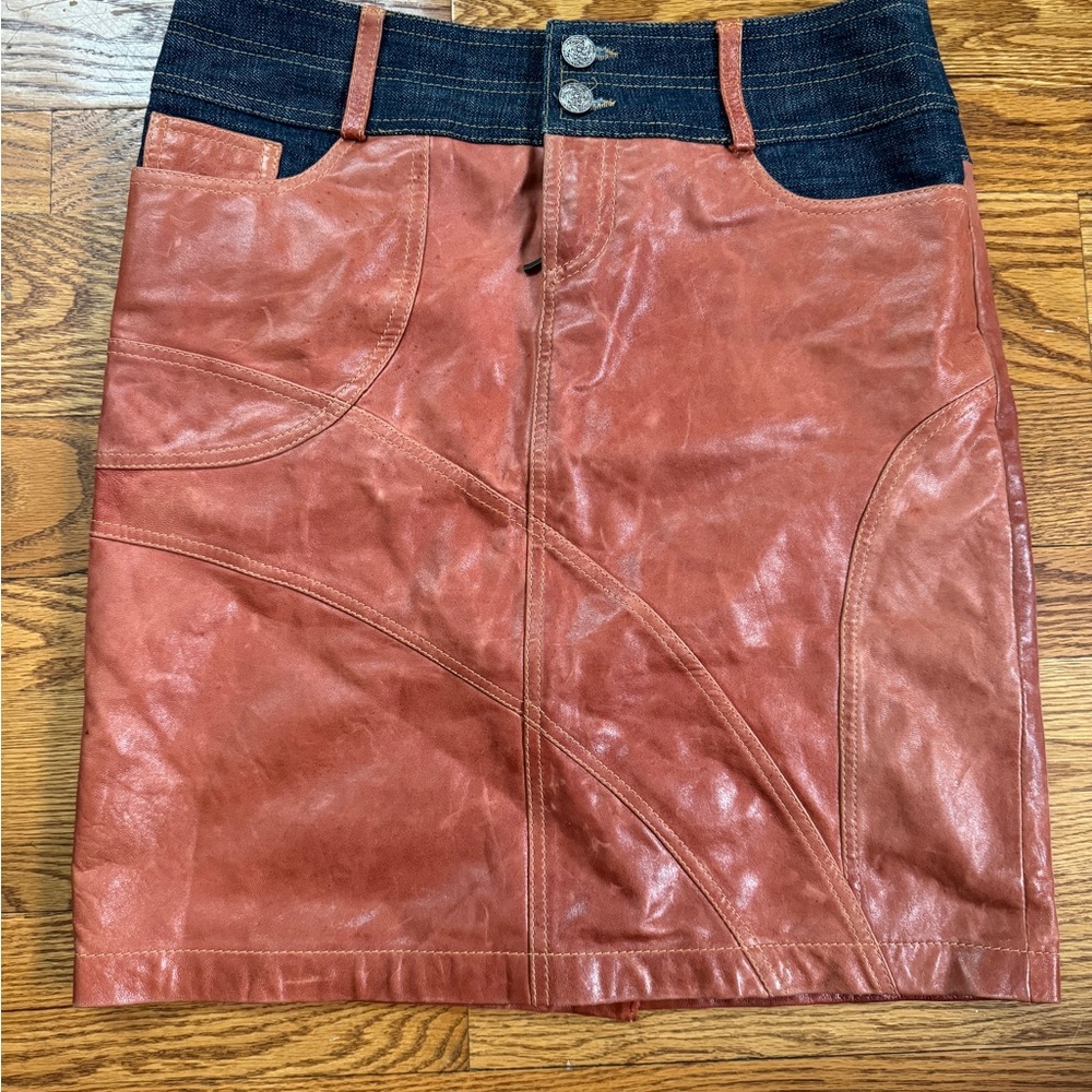 Orange Leather + denim Skirt